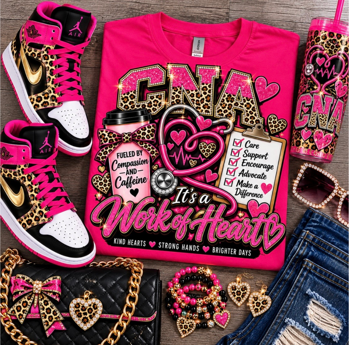 CNA Work of Heart T-Shirt Pink & Leopard Print Healthcare Shirt.