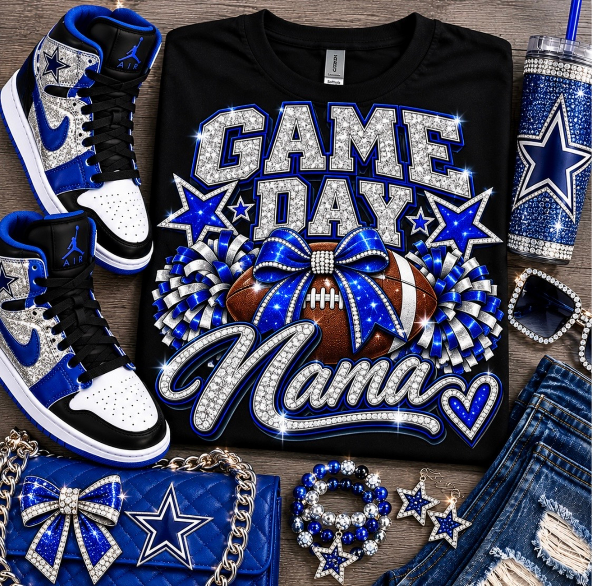 Game Day Nana T-Shirt – Blue, Silver & Black Football Nana Shirt