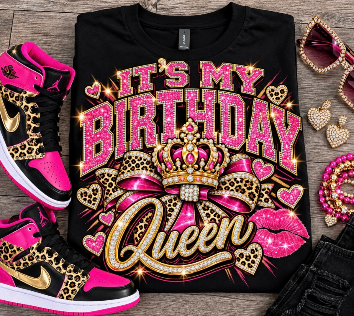 It’s My Birthday Queen T-Shirt – Pink, Gold & Leopard Birthday  Shirt