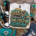 She Believed She Could So She Did T-Shirt – Turquoise, Gold & Leopard Inspirational Shirt